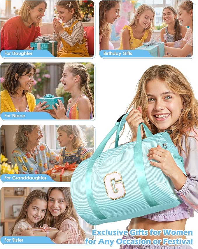 Birthday Gift for Daughter, Girls Travel Duffle Bag, Kids Initial Overnight Bags with Shoe Compartment, Personalized Weekend Bag with Cosmetic Pouch, Cute stuff for Tween (Letter D)