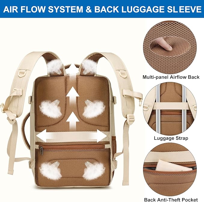 Travel Backpack for Women Airline Approved Carry On Backpack with Shoe Pouch,TSA 15.6inch Laptop Mochila Flight Approved Personal Item Bag for Weekender Overnight Bags Bookbag Travel Essentials,Beige