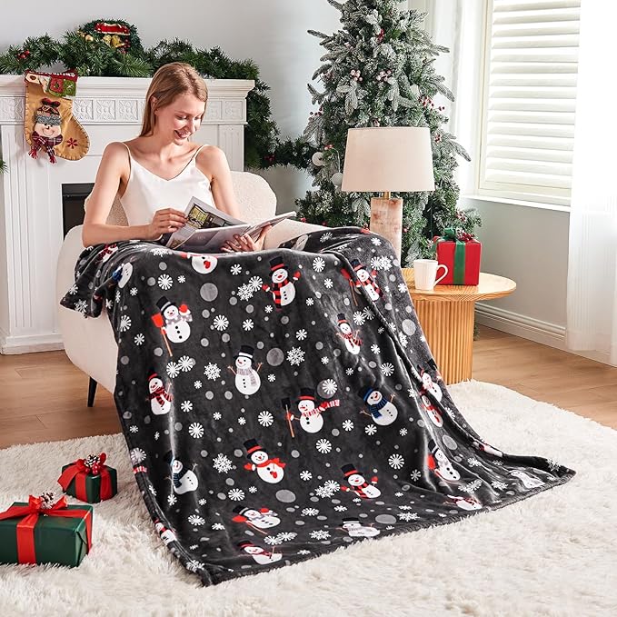 Grey Christmas Throw Blanket - Soft Warm Cozy Fleece Winter Throw, Holiday Blanket with Snowman & Snowflake Design, 60x80 Inches,Grey