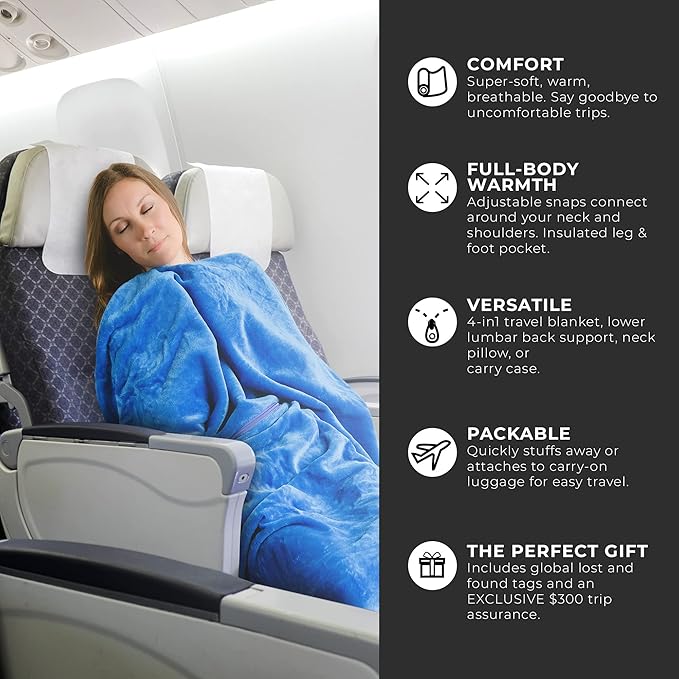 Zero Grid Lightweight Travel Blanket – Premium Compact Wearable Airplane Blanket with Neck Snaps, Cozy Foot Pockets, Zipper Pouch, converts to Soft Pillow for Ultimate Comfort - Royal Blue