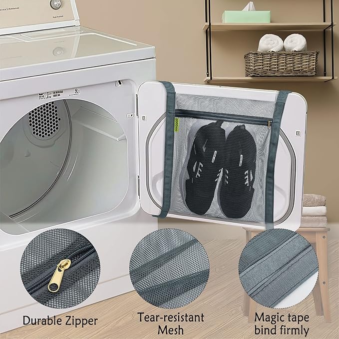 Sneaker Wash & Dry Net Bag for Dryer, 15.7x13.8 Inch Large HoneyComber Mesh Bags with Zipper and Strap for Shoes, Clothing, Laundry Reused Bag Tool (2Pcs Grey)