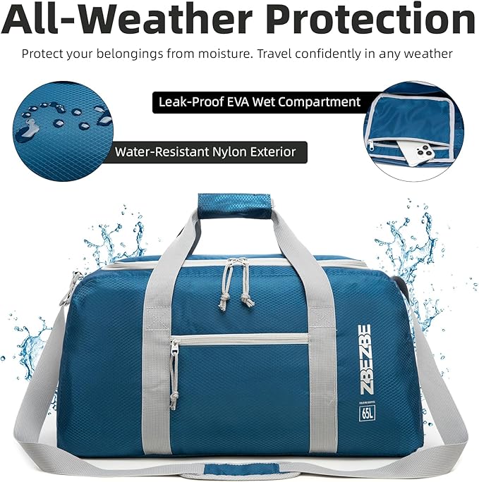 Foldable Travel Duffel Bag, Lightweight & Easy to Carry Water-Repellent Duffle Bag - 2-Way Zipper & Interior Pouch, Ideal for Weekend Trips, Daily Use,Camping，Sports