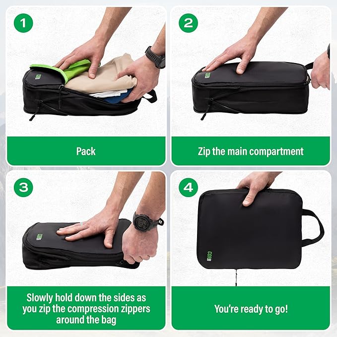 Compression Packing Cubes Travel Organizers plus Laundry or Shoe Bag with YKK Zippers (Black, 3 Piece)