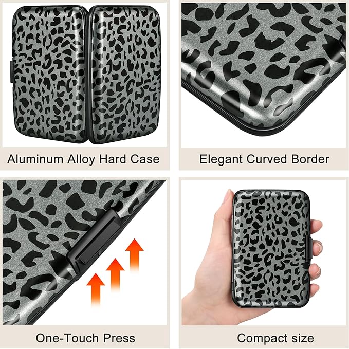 ELFISH Mini RFID Aluminum Wallet Credit Cards Holder Business Card Case Metal ID Case for Men Women(Black Leopard Print)