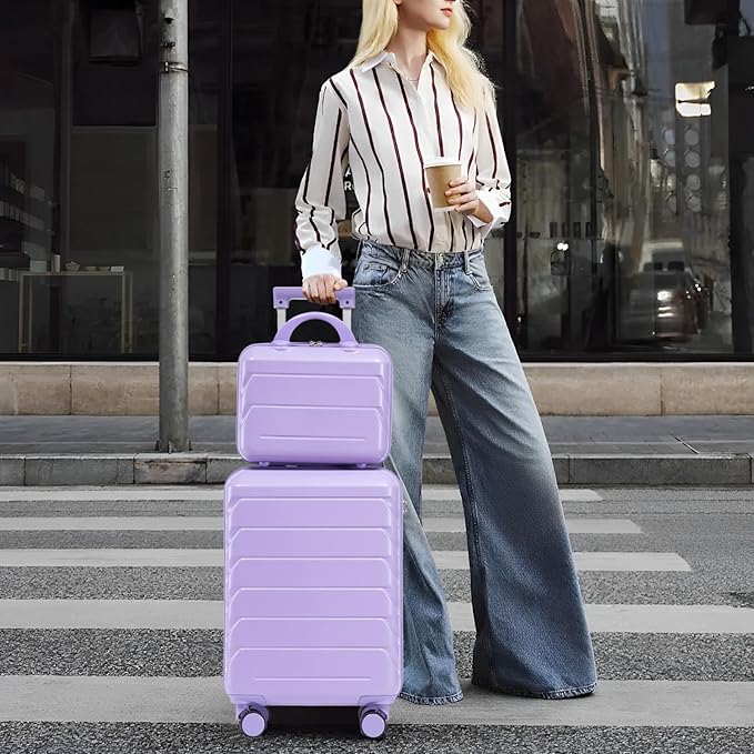 2-Piece ABS Hard Shell Lightweight Carry-On Luggage Set (14" & 20"), 360-Degree Spinner Wheels, Adjustable Telescopic Handle and Combination Lock for Travel, Purple