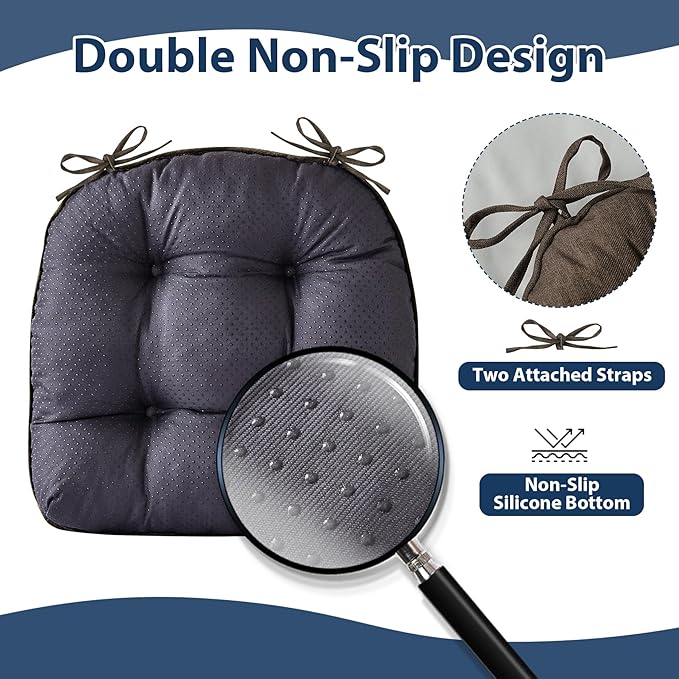 Chair Cushions for Dining Chairs, Seat Cushions for Kitchen Chairs, Indoor Seat Cushions with Ties, Tufted Foam Chair Pads, Non Slip Chair Cushions Set of 4, 15.5" x 15.5" x 4", Brown