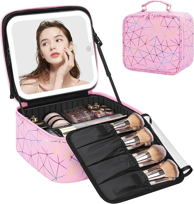 Relavel Travel Makeup Bag with LED Mirror, Portable Cosmetic Train Case with 3 Color Lighted Brightness Mirror, Makeup Artist Organizer Storage with Adjustable Dividers Make Up Box - Pink Strip