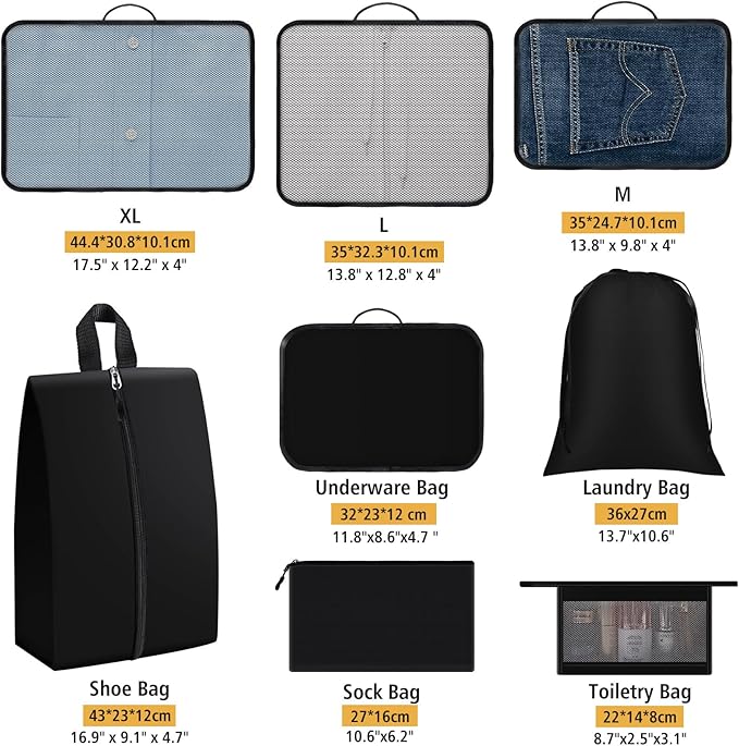 8 Set Packing Cubes for Travel Essentials, Organizers for Suitcase and Luggage in 4 Sizes, Luggage Organizer with Toiletries/Laundry/Shoes/Sock Bags (Black)
