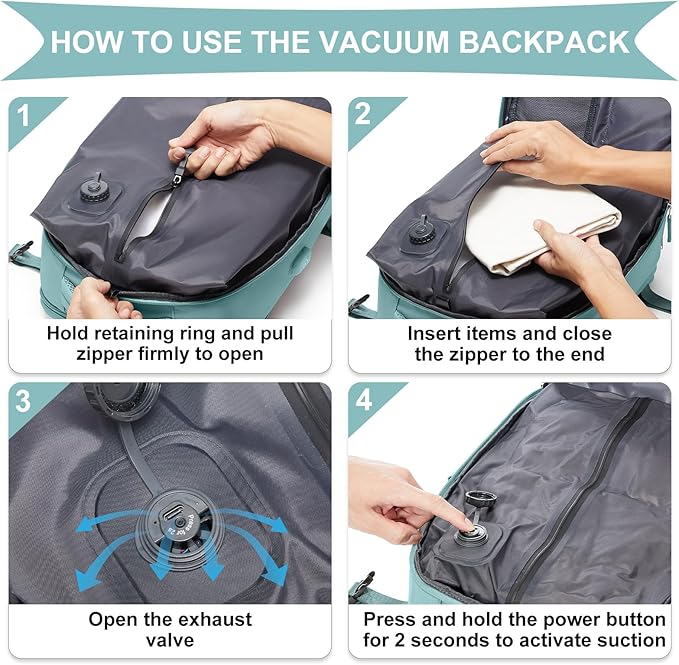 coowoz Vacuum Backpack Travel with Pump,Travel Backpack with Vacuum System For Women Men,Carry On Backpack,Hiking Backpack Waterproof Outdoor Sports Rucksack Casual Daypack,25L(Built-in Pump),Blue
