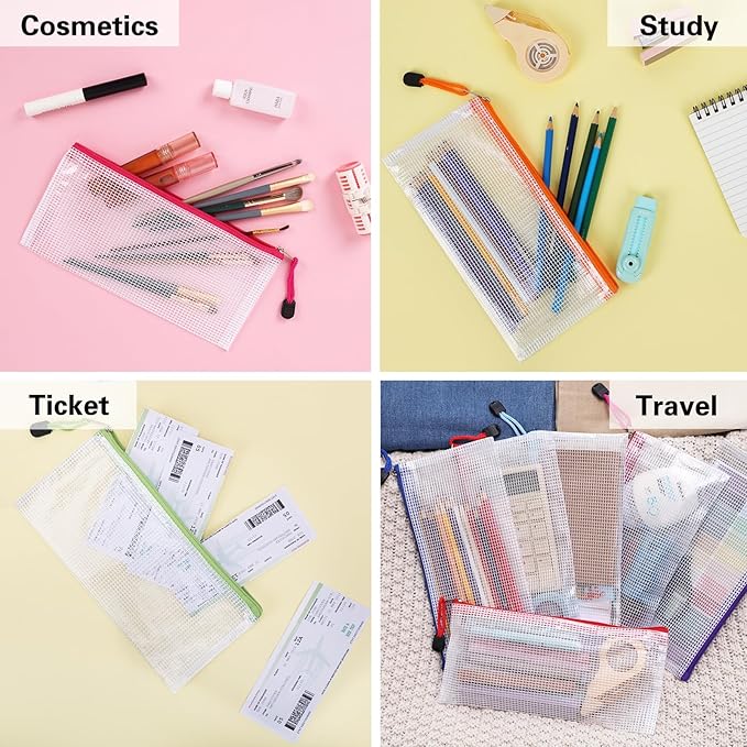 EOOUT Mesh Zipper Pouch 24pcs 9.5x4.5 Inches Small Organizing Bags in 12 Colors for Travel Storage and Office Supplies Storage