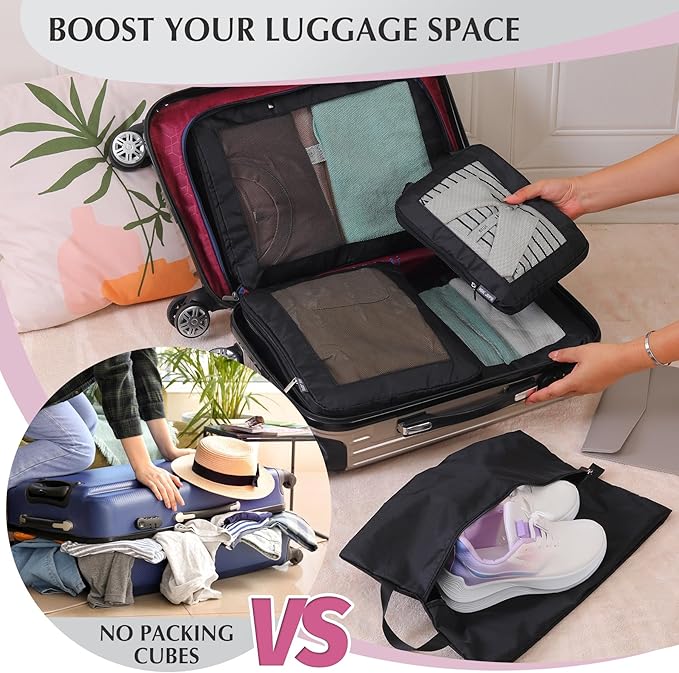 Ultralight Compression Packing Cubes for Suitcases Carry on，Compressible Mesh Packing Cubes for Travel Women Travel Essentials with Shoe Bag 6 Set (Black)