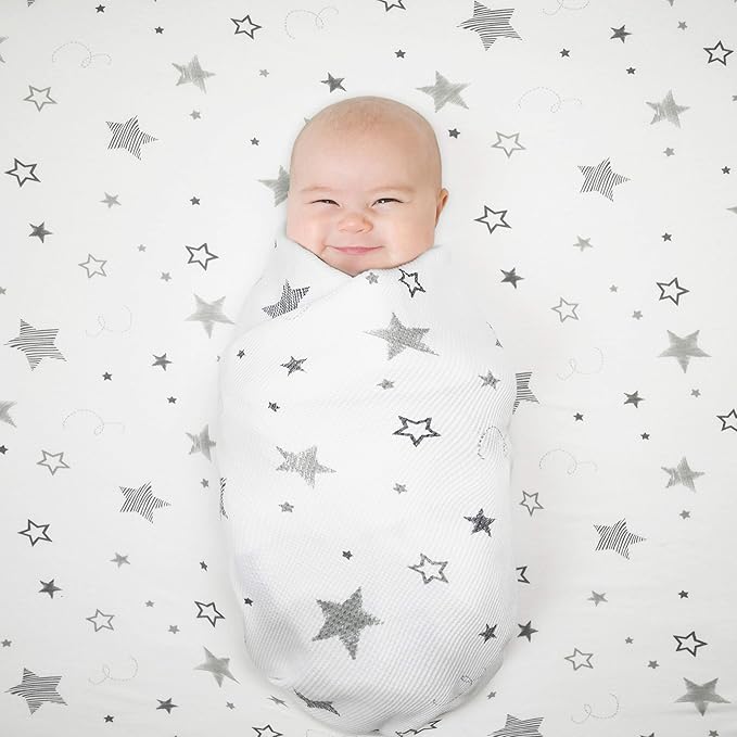 American Baby Company 100% Cotton Thermal Waffle Swaddle Blanket Combo (30" x 40"), Soft, Breathable & Stretchy, Gray Star, Gray, and White, for Boys and Girls, Perfect for Swaddling and Travel