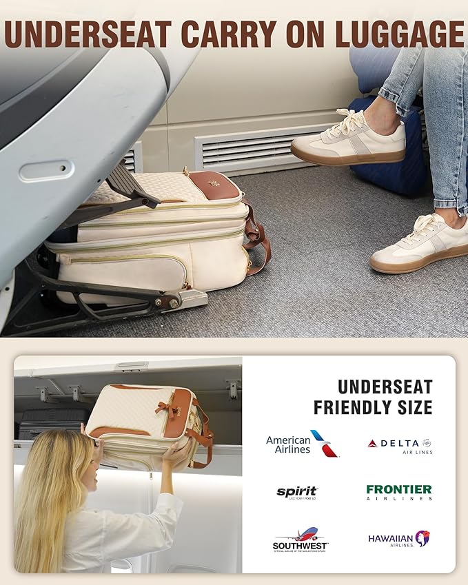 Underseat Carry On Luggage with 2 Wheels, Airline Approved Personal Item Suitcase with Multiple Compartments, Lightweight Softside Under Seat Carry-on Suitcases for Women Travel Business, Beige