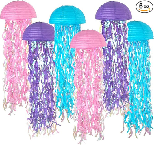 6-Pack Jellyfish Paper Lanterns, Under the Sea Party Decorations | 10-Inch Pink, Blue & Purple Hanging Lamps for Mermaid Birthday, Baby Shower, Pool Events, Kids Rooms, Classroom & Ocean Decor