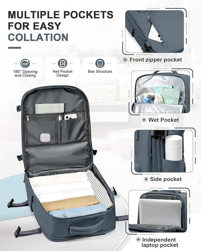 Travel Backpack for Women Men for Spirit Airlines Personal Item Bag 18x14x8 Inches Laptop College Waterproof Carry on Flight Approved Work Backpack Mochila de Viaje, Large Grey Blue