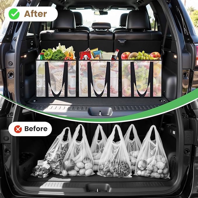 4 Pack Reusable Grocery Bags, Heavy-Duty Shopping Bags with Sturdy Handles, Water-Resistant & Foldable Organizer, Shopping Bags for Groceries, Market, Car Trunk, Multi-Purpose, 33L
