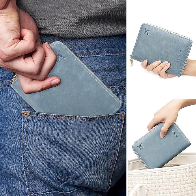 defway Passport Holder Travel Wallet - RFID Blocking Passport Holder Wallet, Full Zip Travel Card Cover with RFID Protection, Multi Slot Organizer for Cards Cash Documents Travel Essentials (Blue)
