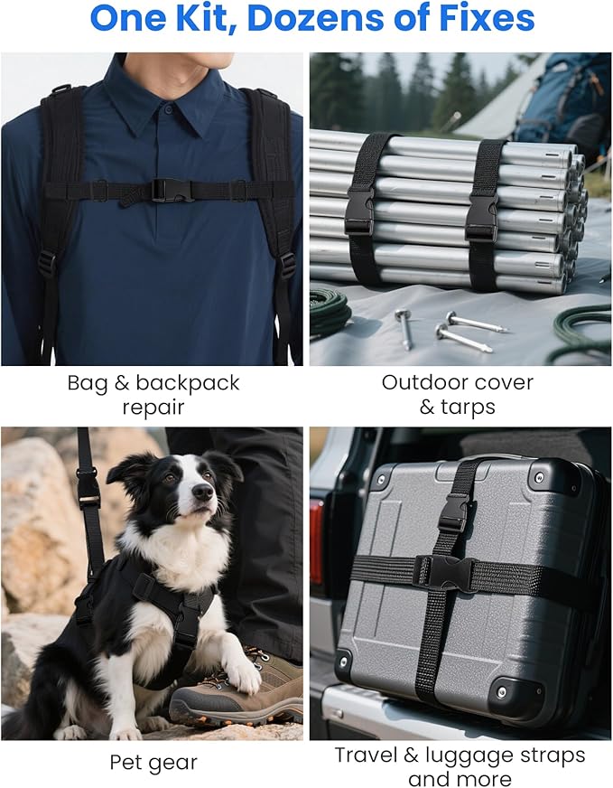 Buckle & Strap Kit - 6 Yards 1 Inch Wide Polyester Webbing Stronger Than Nylon, 6 Plastic Quick Release Buckles & 12 Triglide Clips, Adjustable Extender Straps for Backpack, Dog Collar, Fanny Pack