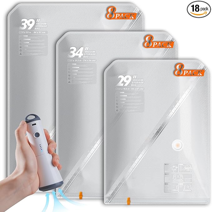 18 Pack Vacuum Storage Bags Set with Rechargeable Wireless Pump Large/Medium/Small Vacuum Seal Bags for Clothing Travel and Home, Compression Packing for Comforters, Bedding (24 Combo Set)