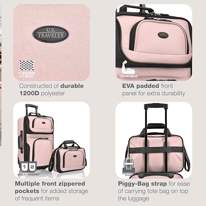 U.S. Traveler Rio Lightweight Softside Rolling Carry-on Suitcase, 2-Wheel Set, Pink