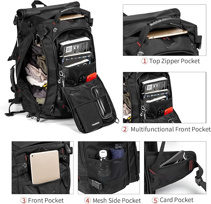 Large Capacity For Travel Hiking Sports Carry On Backpack Durable Convertible Duffle Bag Laptop airplane (black, 60L-Large)
