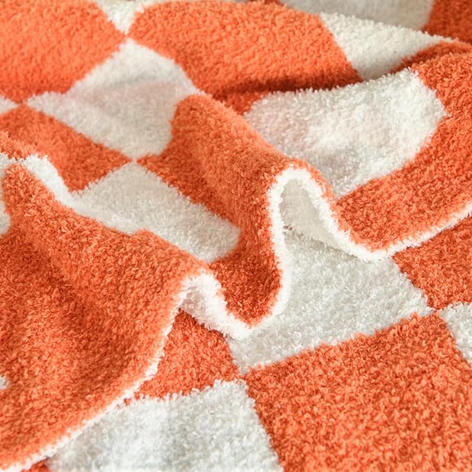 Checkered Blanket, Cozy Soft Throw Blankets for Couch Bed, Fluffy Plaid Lightweight Comfy Travel Picnic Blanket Gifts for Sofa Chair Living Room Camping (Orange, Twin 60"x80")