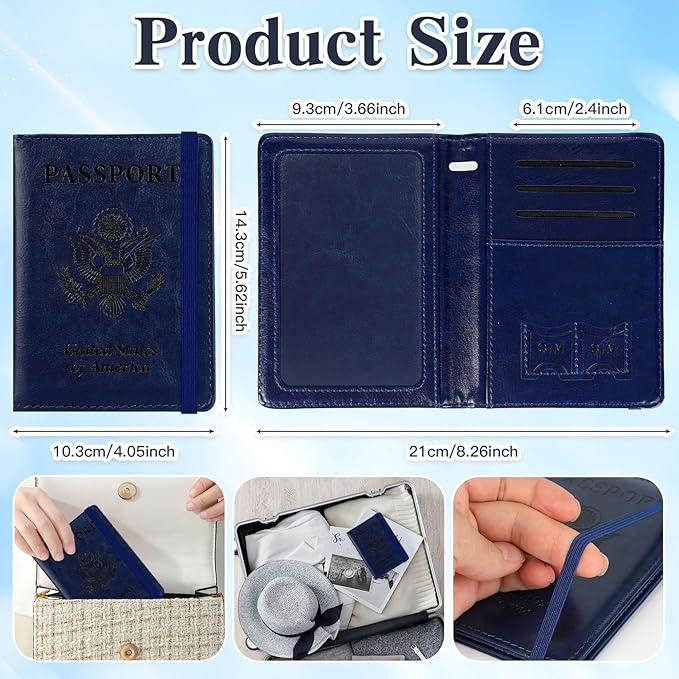 Passport Holder for Travel, RFID Blocking Passport Cover with Pen Holder Leather Passport Wallet Case Travel Must Haves Accessories Passport Book Card Holder for Family Travel Essentials, Dark Blue