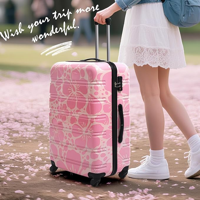 Merax Suitcase Set, Hardshell Luggage Sets 3 Piece with Spinner Wheels, Durable Printing Suitcase with TSA Lock Lightweight 20" 24" 28",Pink