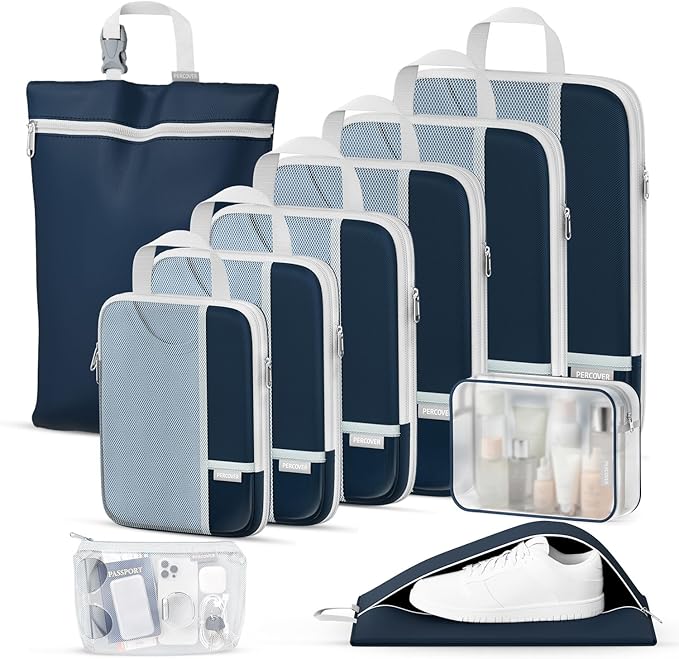 Percover Compression Packing Cubes 10-Piece Set, Packing Cubes Compression for Travel with Toiletry Bag, Laundry Bag & Shoe Bag, All-in-One Travel Organizer for Carry On & Checked Luggage, Navy Blue