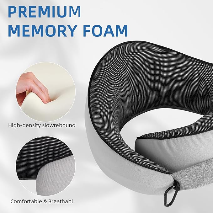 Travel Pillow - Neck Pillow Airplane Memory Foam Filling for Plane,Cars Sleeping, Road Trip, Long Flights, Portable Plane Accessories, Includes Eye Mask & Earplugs (Light Gray)