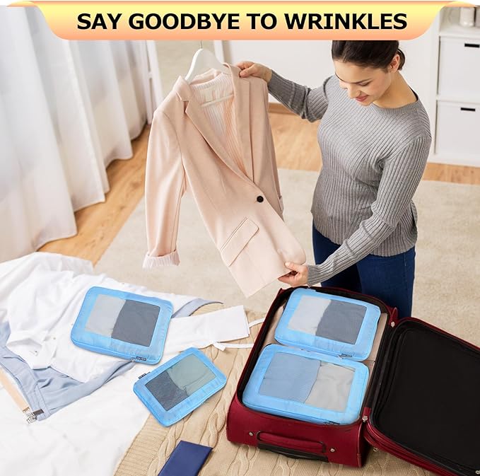 4 Set Ultralight Compression Packing Cubes Travel for Suitcases ，Compressible Mesh Packing Cubes for Travel Women Packing Organizers (Blue)