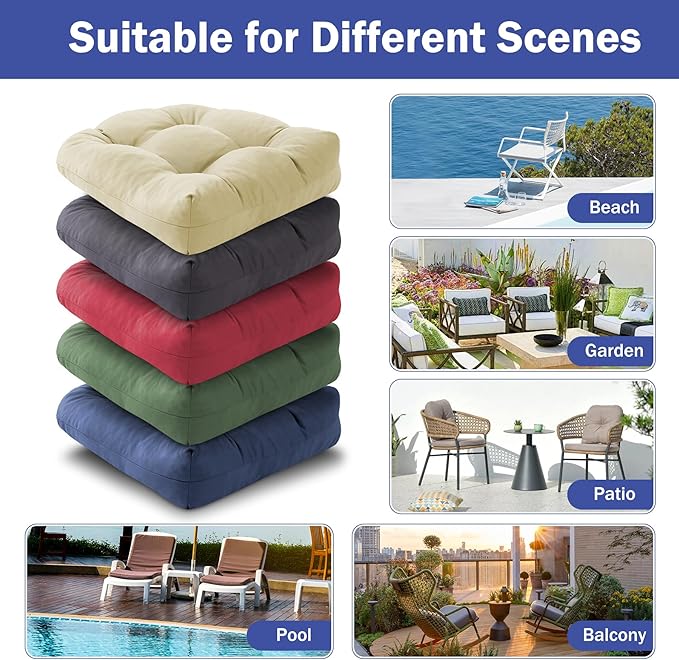 Outdoor Chair Cushions Set of 2, Patio Chair Cushions with Ties, 17x17+4” Tufted Outdoor Seat Cushions, Waterproof Patio Furniture Cushions, Outdoor Dining Chair Pads, Beige