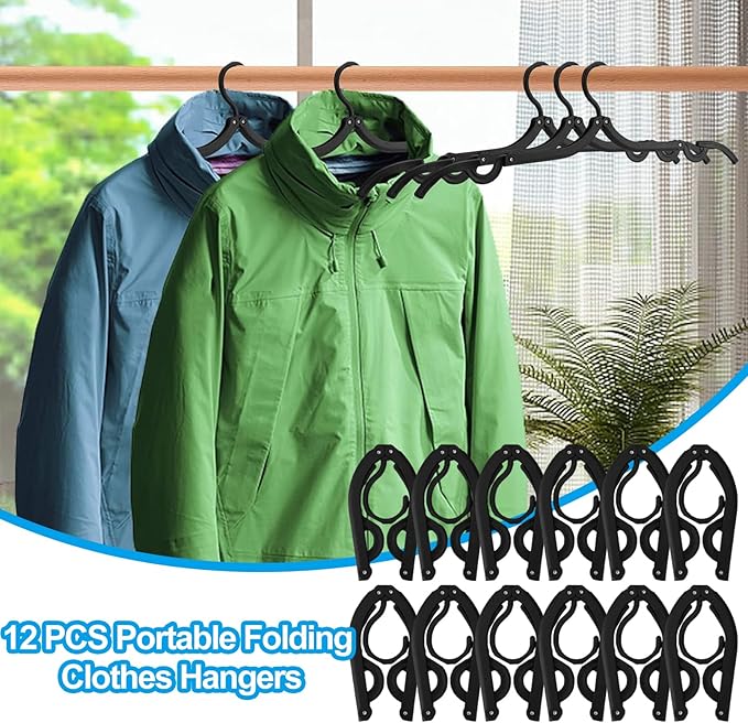 12 PCS Travel Hangers,Portable Folding Clothes Hangers Travel Accessories,Foldable Drying Rack,Black Non Slip Clothing Hangers with Clotheslines