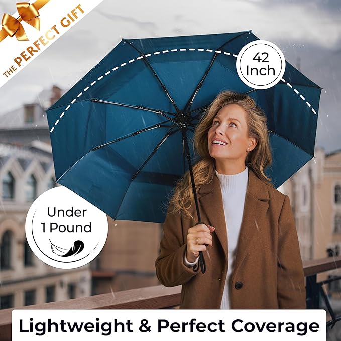TUMELLA Strongest Windproof Travel Umbrella (Compact, Superior & Beautiful), Small, Wind-Tested, Light & Portable, Automatic Folding Rain Umbrella, Durable Premium Grip, Fits Car and Backpack