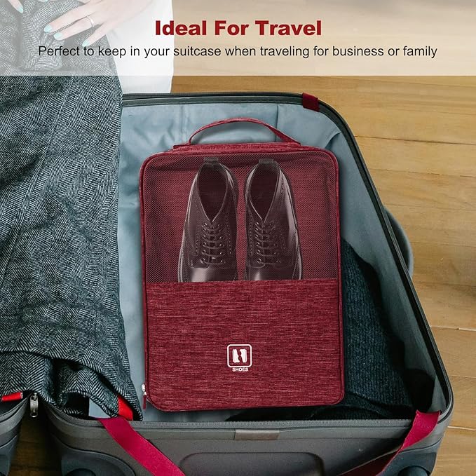 Large Shoe Bags for Travel, Shoe Travel Bag Holds 3 Pairs of Shoes, Travel Shoe Bags for Packing in Suitcase, Portable Dance Shoe Storage Pouch, Shoe Organizer, Sneaker Storage Bag (Red)
