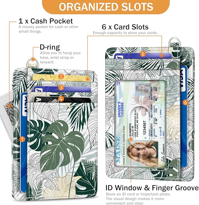Yonlevres Credit Card Holder Slim Wallet, Tropical Leaf RFID Wallet Women Front Pocket Small Card Holder, Travel Funny Cute Thin Card Case ID Window PU Leather RFID Blocking Card Organizer Gifts Girls