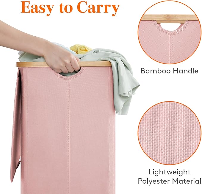 Lifewit 100L Laundry Basket with Lid, Clothes Hampers for Laundry with Bamboo Handles and 1 Removable Bag, Large Foldable Laundry Hamper for Bedroom, Bathroom, Dorm, Laundry Room, Pink