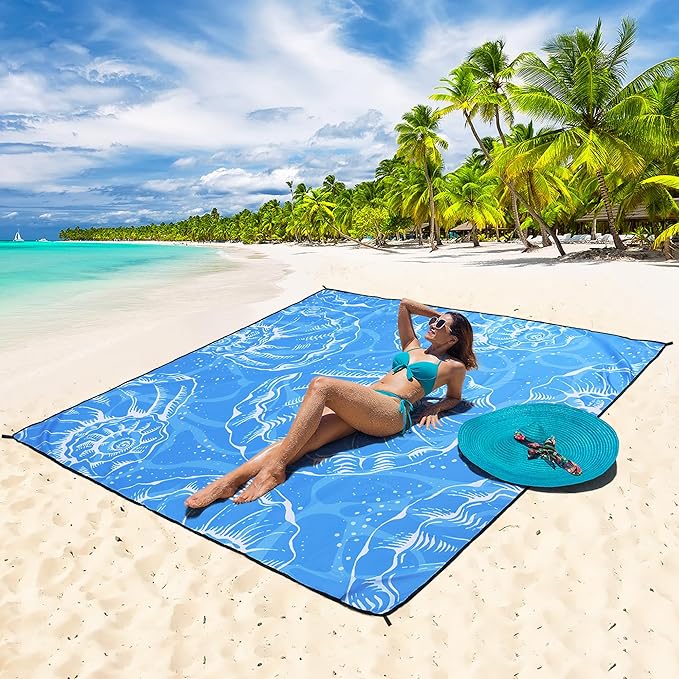 HIHOHO Beach Blanket Waterproof Sandproof Beach Mat 79”x 83” for 1-8 Adults Quick Drying Durable Outdoor Picnic Mat for Beach Festival Travel Camping Hiking (Conch Shell-BL, 79"×83"(4 Person))