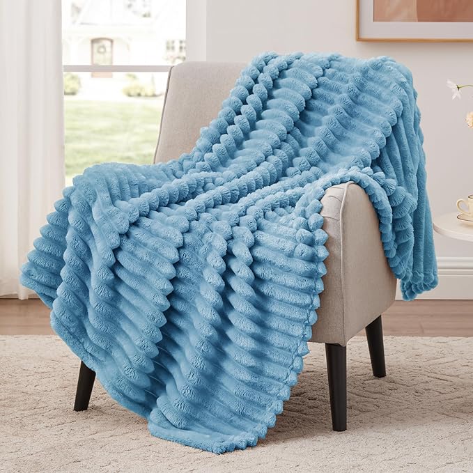 EXQ Home Fleece Throw Blanket for Couch or Bed - 3D Stripe Jacquard Decorative Blankets - Cozy Soft Lightweight Fuzzy Flannel Blanket Suitable for All Seasons(50"×60",Blue)