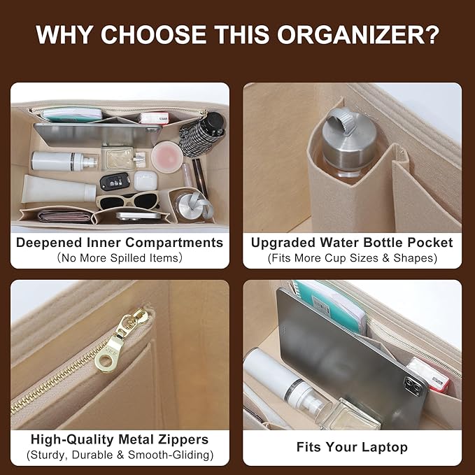 Doxo Felt Purse Organizer Insert for Longchamp Le Pliage L Travel Bag, Longchamp Orgainzer Insert Large with 9 Compartments and Zipper Water Bottle Holder, Fits Long Champ Large Bag (LT, Beige)