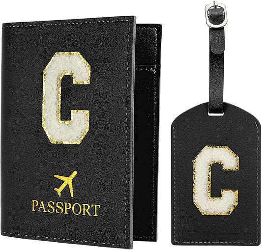 PATIKIL Passport Holder for Travel, Initial Passport Cover and Luggage Tag Set with Alphabet Chenille Letter Patch Travel Wallet Bag Suitcase Identifier for Women Family Travel Black C