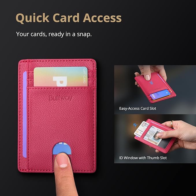 Buffway Slim Minimalist Front Pocket RFID Blocking Leather Wallets for Men and Women - Lichee Red