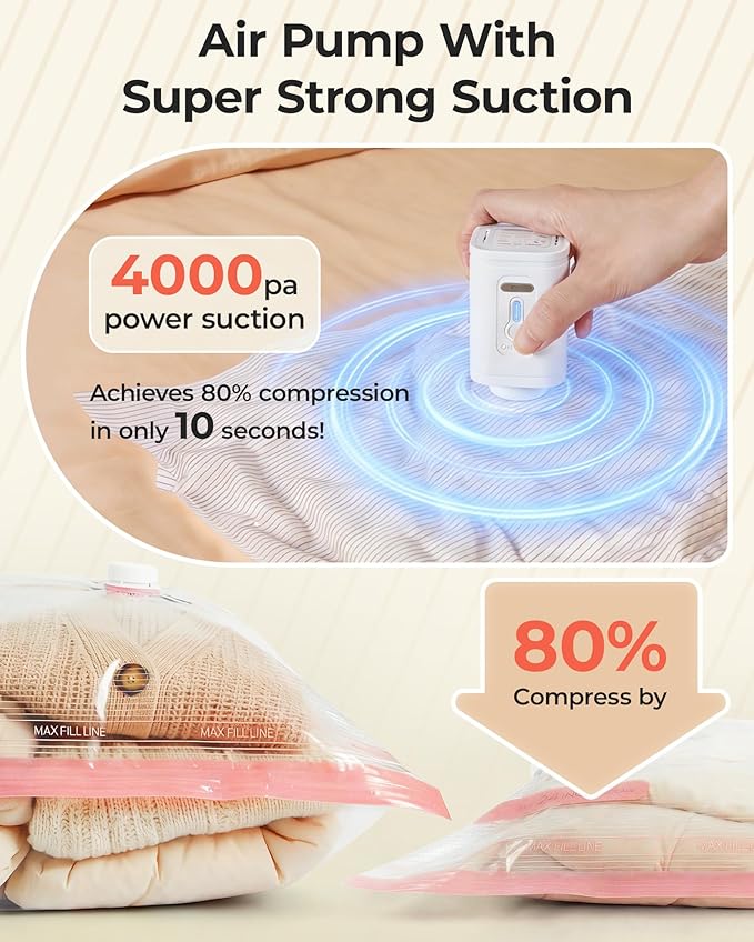 BAGSMART Vacuum Bags for Travel with Rechargeable Air Pump, Portable Space Saver Bags for Travel & Home, Vacuum Compression Seal Bag for Clothing, Blanket, 21 Pack Pink