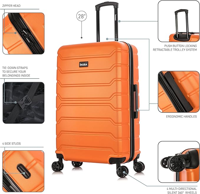InUSA TREND Luggage with Spinner Wheels | Durable Lightweight Hardshell Suitcase,Travel sets with Handle and Trolley | (20in, 24in, 28in) 3 Piece Set | Orange
