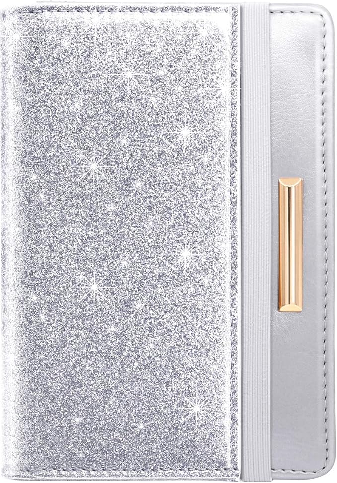 Passport Holder Cover Women's Travel Wallet RFID Blocking Cute Slim Passport Wallet with Elastic Band, Silver