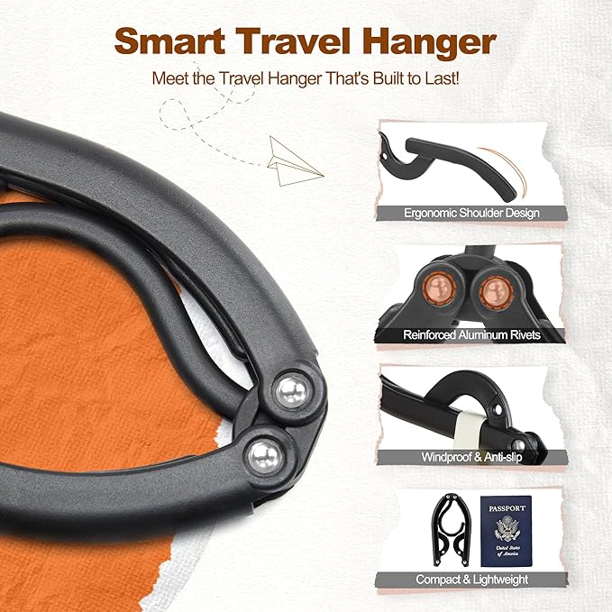 HOUSE DAY Foldable Travel Hangers 10 Pack w/10 Clips, Cruise Essentials 2025, Portable Hanger Collapsible Hangers Plastic, Travel Must Haves for Suitcase, Hotel, RV, Road Trip, Flying, Camping-Black