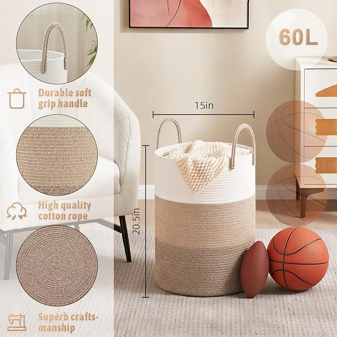 Laundry Basket,Woven Cotton Rope Laundry Hamper,60L for Decorative Storage of Dirty Clothes,Toys and Blankets in Bathroom,Bedroom and Living Room