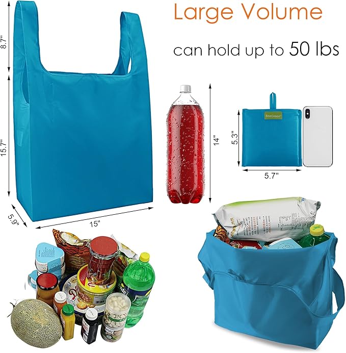 BeeGreen Light Blue Reusable Shopping Bags Wholesale Blue Reusable Grocery Bags Bulk Foldable-Machine Washable with Zipper Storage Pouch 20 Pieces