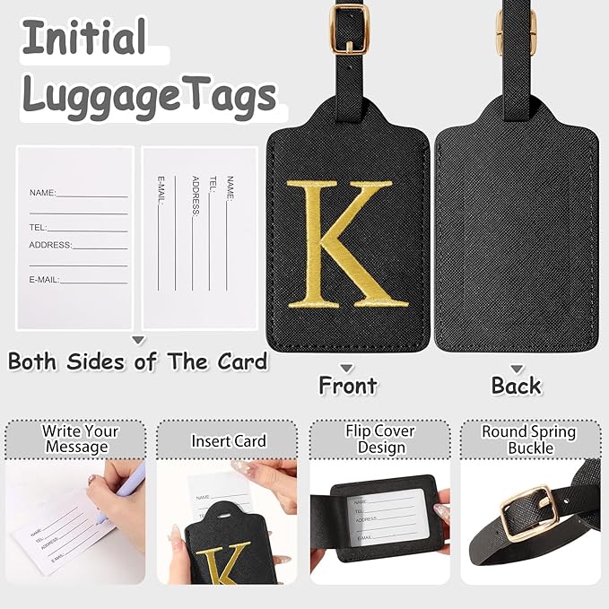 Personalized Initial Luggage Tags for Suitcases, Cute PU Leather Embroidered Letter Travel Luggage Tags, Suitcase Identifier Name Baggage Tag, Bag Tags for Men Women Kids Luggage Handbags(Black K)