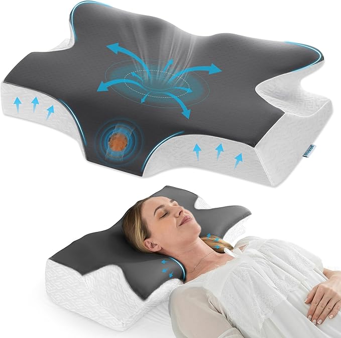 Elviros Cervical Neck Pillow for Sleeping, Memory Foam Pillow for Neck Pain Relief, Side Sleeper Cooling Pillows for Adults, Neck Support with Removable Pillowcase for Back & Stomach Sleepers